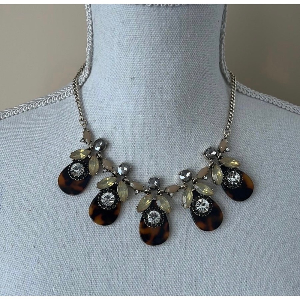Loft Tortoise Shell Resin Crystal Bib Statement Necklace Silver Tone Floral